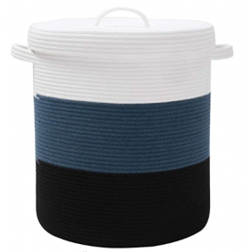 Venn Designn Storage  Cotton Mini Rope Laundry Basket with lid Cloth Storage Box Baby Bucket Hamper New Born for Kitchen,Office Set,Room,planters,Dirty Clothes (White blue black)