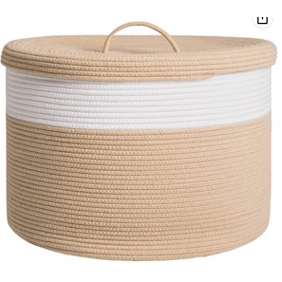 VD Cotton Rope Storage Baskets with Lid, Laundry Hamper, Toy Bin, for Toys Blankets Pillows Storage in Living Room Baby Nursery, Large Basket with Beige Cover (20" x 20" x 15" inches)